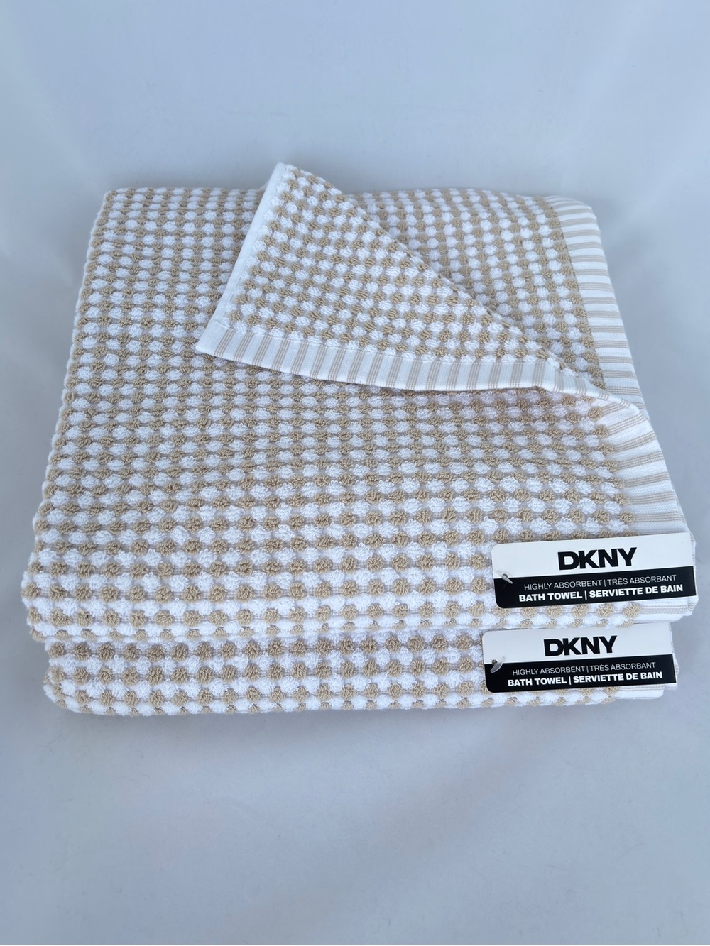 NWT 2Pc DKNY Beige White Gingham Checkerboard Check Bath Towels Soft 100% Cotton